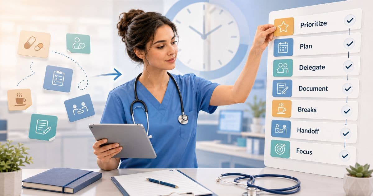 Nurse organizing shift priorities for time management