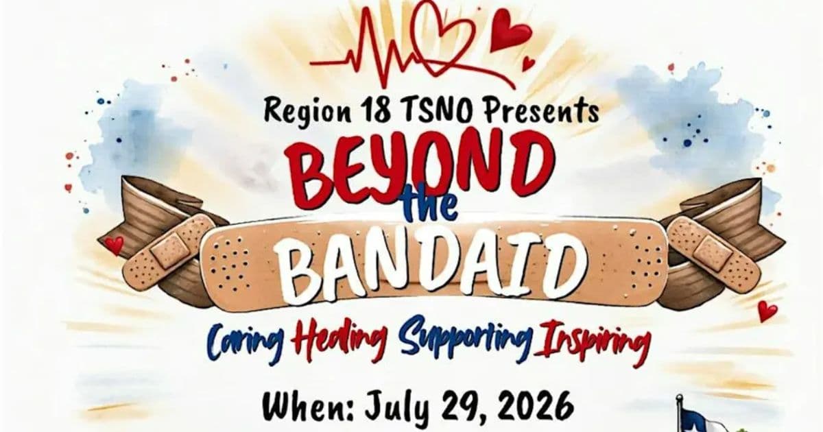 Beyond the Bandaid school nursing conference flyer with a bandage graphic, Texas imagery, and event details for Midland, Texas