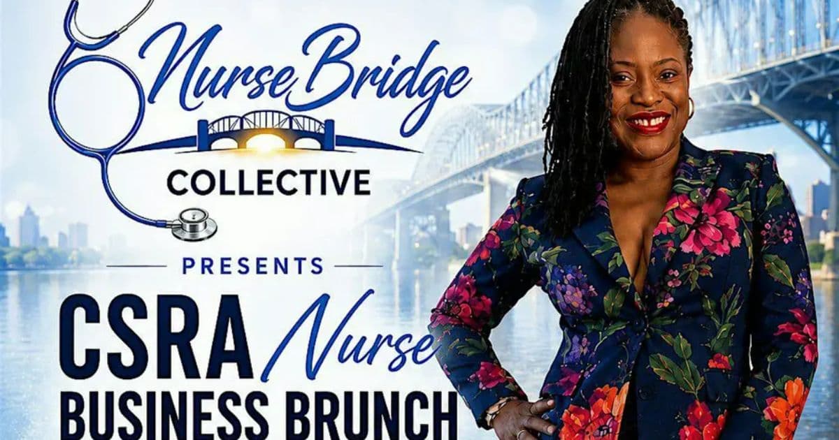 CSRA Nurse Business Brunch flyer from NurseBridge Collective featuring host Kim Walthour, RN, with Augusta bridge imagery and event details