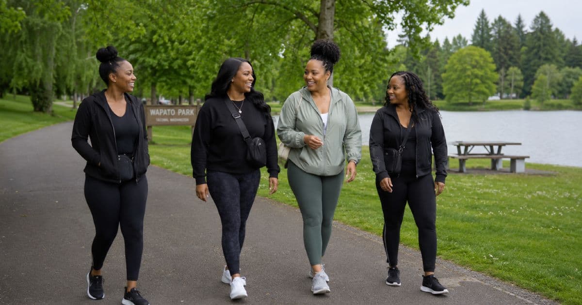 Four women walking together on a park path near Wapato Park for the Ebony Nurses 2nd Annual Health Walk