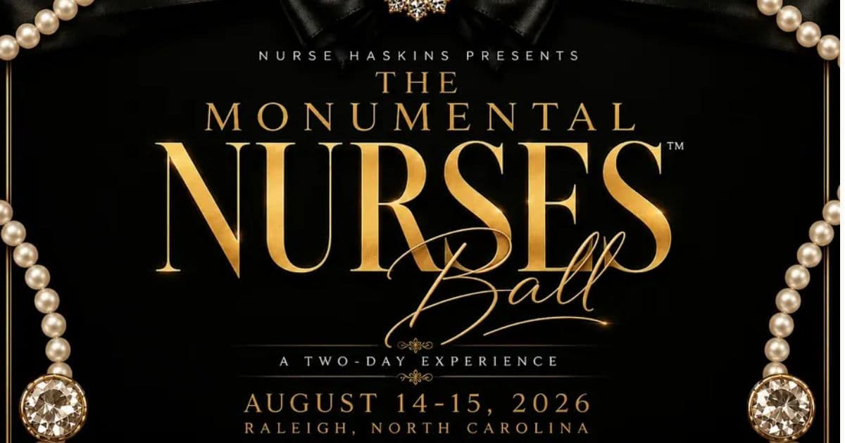 Luxurious black and gold Monumental Nurses Ball event flyer with pearl accents and August 14 to 15, 2026 Raleigh, North Carolina details