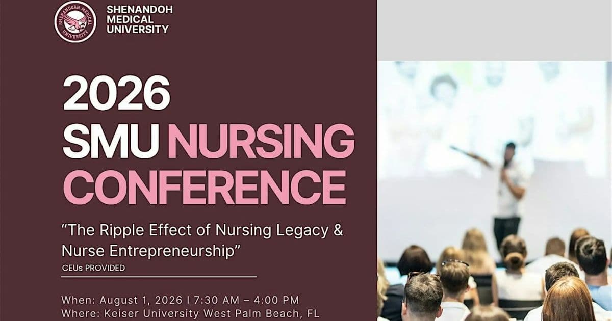 2026 SMU Nursing Conference flyer for The Ripple Effect of Nursing Legacy and Nurse Entrepreneurship at Keiser University in West Palm Beach