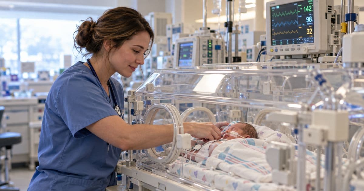 NICU nurse caring for a premature newborn in a hospital incubator