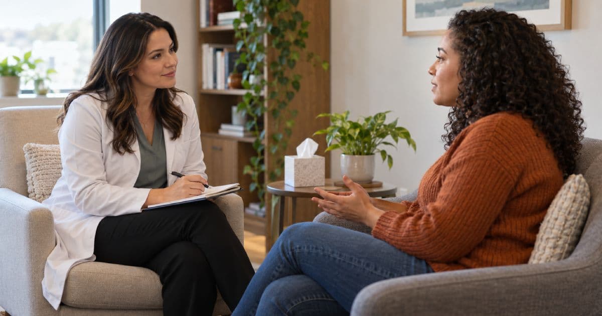 Psychiatric-mental health nurse practitioner conducting an outpatient mental health evaluation with a patient.