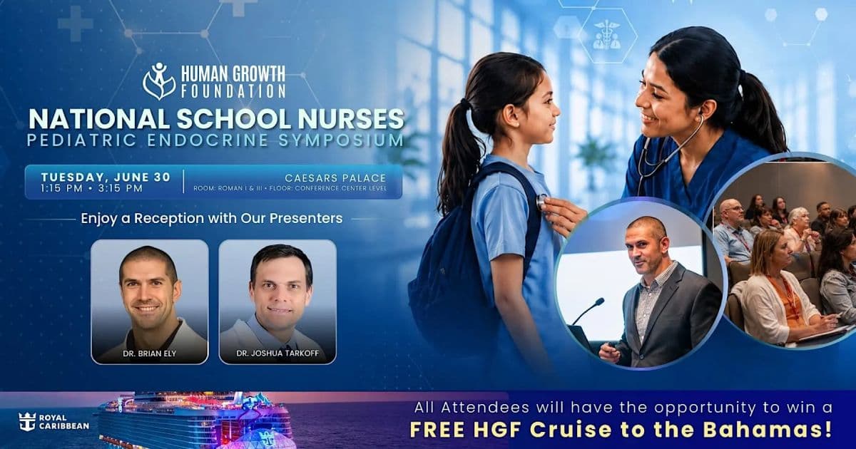 Human Growth Foundation National School Nurses Pediatric Endocrine Symposium flyer for Caesars Palace in Las Vegas featuring a nurse examining a child and presenter headshots
