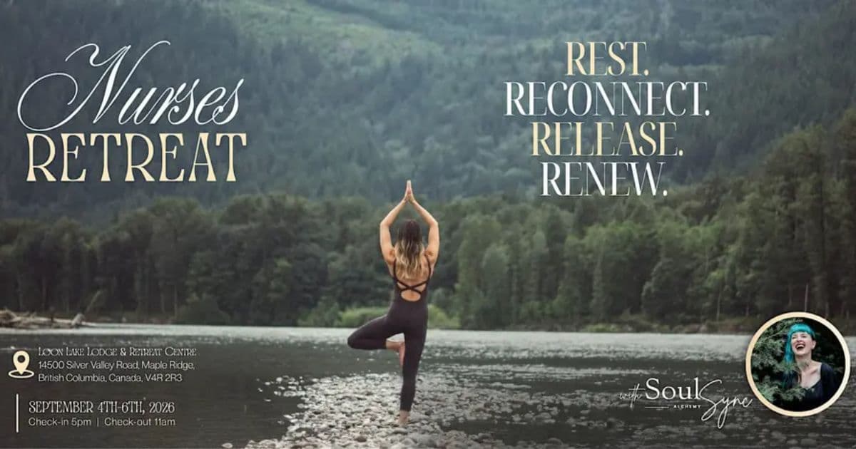 The Healing Shift nurses retreat flyer showing a woman practicing yoga by a lake with forested mountains and the words Rest, Reconnect, Release, Renew